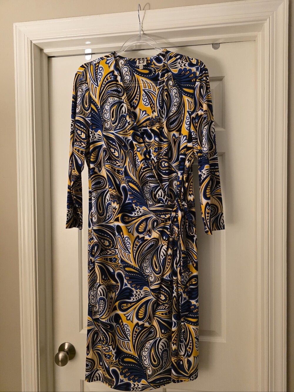 EUC Anne Klein Wrap Dress - Stunning Blue/Yellow/Black/White Print - Size XL